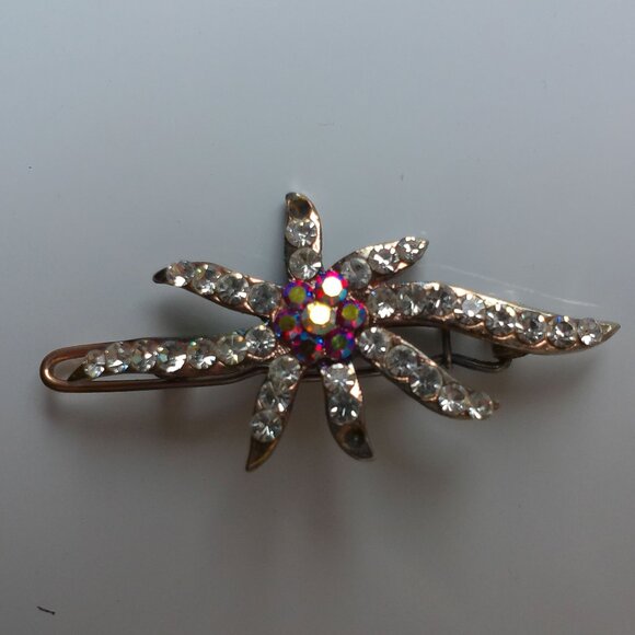 Floral Hair Clip, Gold/silver color, pink and white rhinestone, shiny crystals - Picture 3 of 7